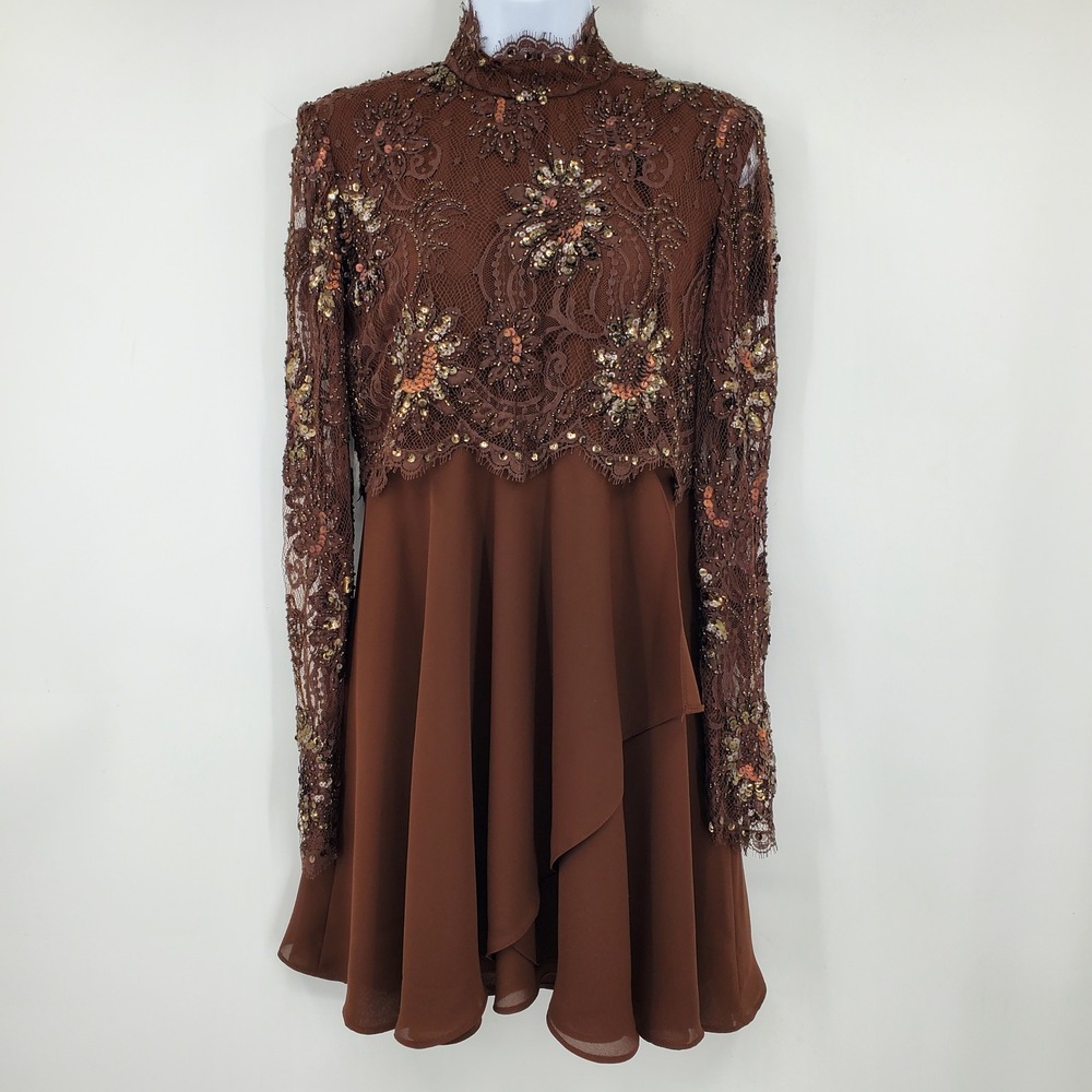 Jour Et Nuit Jackie Bernard Brown Beaded Lace Georgette Mock Neck Dress 4 Formal - Picture 1 of 10